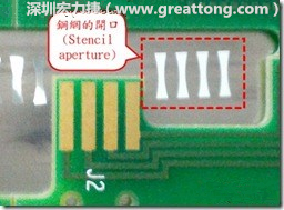 這個(gè)HotBar(熱壓熔錫焊接)吃錫的設(shè)計(jì)已經(jīng)對(duì)了一半，在印刷錫膏的時(shí)候在焊墊的中間位置減少錫膏，如果治具的設(shè)定正確的話，熱壓頭(thermode)要壓在焊墊中間的位置，焊錫的印出來(lái)結(jié)果如下面右圖所示。