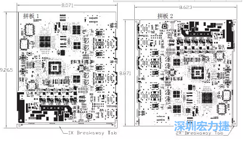 如圖7所示是使用不同數(shù)量邊條的拼板，拼板1僅使用了一個邊條，直接利用PCB另一邊作為SMT工藝傳送邊，并且PCB圖形中有合適的安裝孔；而拼板2則是按常規(guī)設計了兩個邊條。拼板方式為連接筋。圖中“Breakaway Tab”指邊條-深圳宏力捷