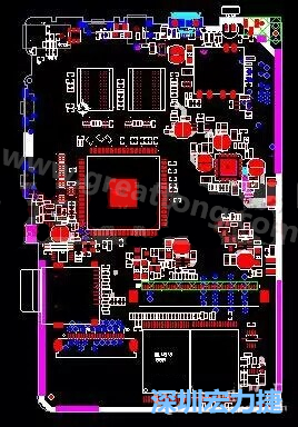 上圖是一個(gè)開發(fā)板的PCB，從布局中可以看出各個(gè)接口電路分離很明確，SDRAM和DDR以及SD卡接口電路等走線不會(huì)造成相互的干擾。-深圳宏力捷