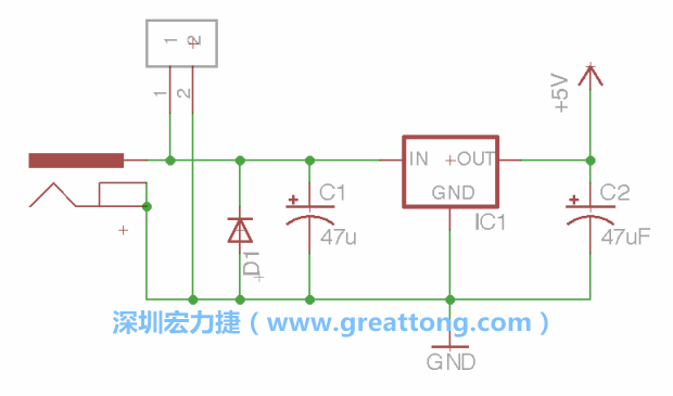 2.5.    新增一個二極體，它會以水平的狀態(tài)出現(xiàn)在屏幕上，請使用「旋轉(zhuǎn)（Rotate）」工具把它負(fù)極那一面朝上，并且用「網(wǎng)絡(luò)連接」工具將它連接在電壓調(diào)整器的輸入端和接地端之間。